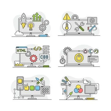 Internet services linear signs set. Data, information security, technical Stock Illustration