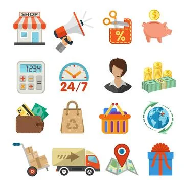 Internet Shopping and Delivery Flat Icon Set Stock Illustration