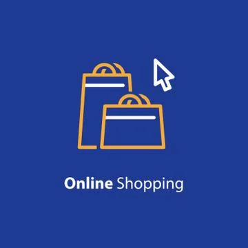 Internet shopping, cursor arrow, order bags, line icon Illustrazione stock