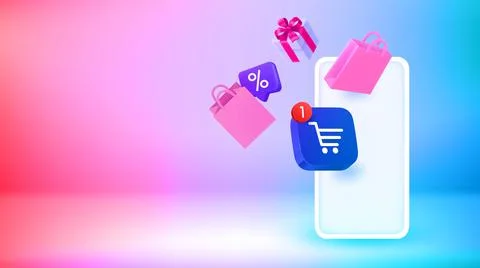 Internet Shopping via modern smartphone. Vector 3d banner with copy space Stock-Illustration