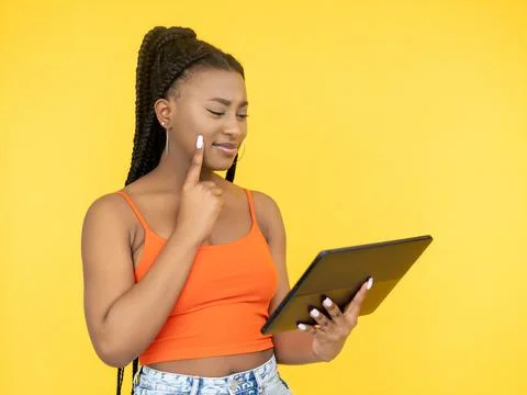 Internet spam gadget problem afro woman tablet Stock Photos