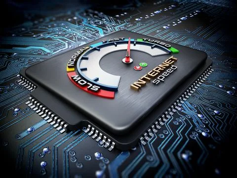 Internet speed dial on computer chip standing on blue PCB. 3D illustration Illustrazione stock