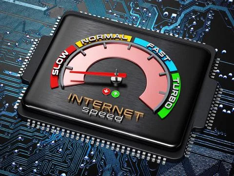 Internet speed dial on computer chip standing on blue PCB. 3D illustration Illustrazione stock