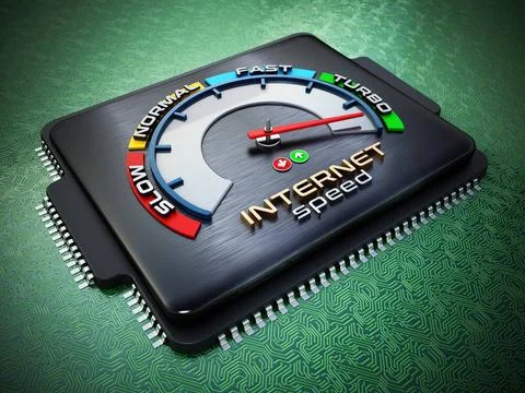Internet speed dial on computer chip standing on green PCB. 3D illustratio... Stock Photos
