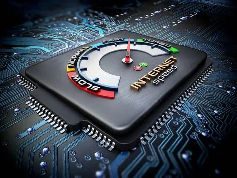 Internet speed dial on computer chip standing on blue PCB. 3D illustration... Stock Photos