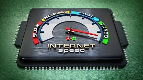 Internet speed dial on computer chip standing on green PCB. 3D illustratio... Stock Photos