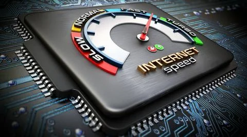 Internet speed dial on computer chip standing on blue PCB. 3D illustration... Stock Photos