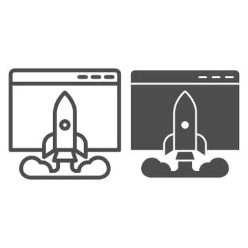 Internet startup browser window line and solid icon. Web page with rocket launch Stock Illustration