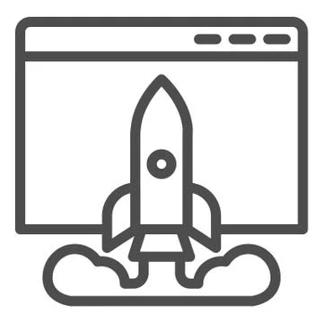Internet startup browser window line icon. Web page with rocket launch Stock Illustration