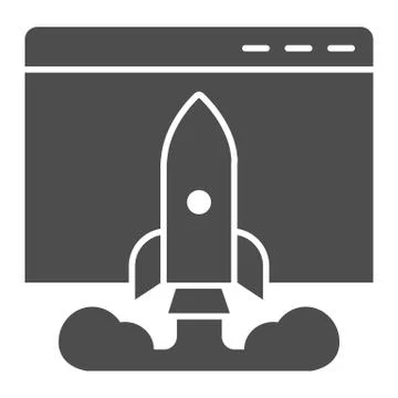 Internet startup browser window solid icon. Web page with rocket launch Stock Illustration