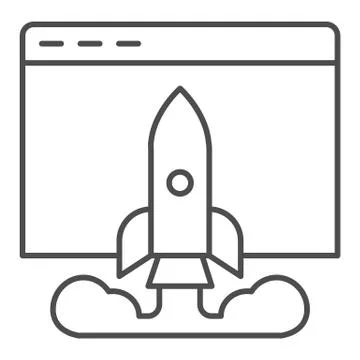Internet startup browser window thin line icon. Web page with rocket launch Stock Illustration