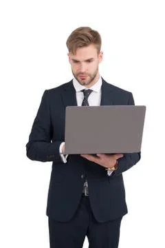 Internet surfing. Software engineer use computer isolated on white. Programming Stock Photos