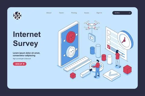 Internet survey concept in 3d isometric design for landing page template. P.. Stock Illustration