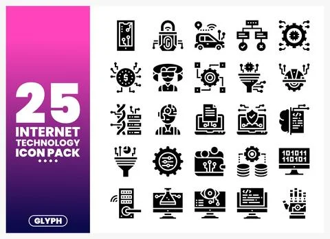 Internet technology glyph icons in a pack. digital data. security. and conn.. 库存插图