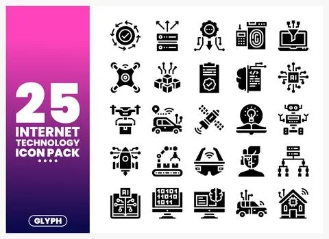 Internet technology glyph icons showcasing AI and IoT concepts. Stock Illustration