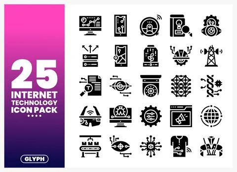 Internet technology glyph icons on a white background Illustrazione stock