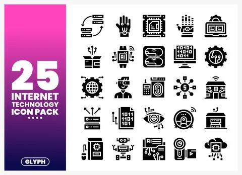 Internet technology icon pack diverse glyphs representing digital concepts... Stock Illustration