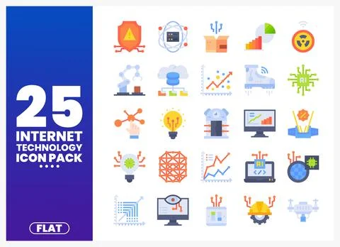 Internet technology icon pack featuring flat graphic symbols on white backg.. Stock Illustration