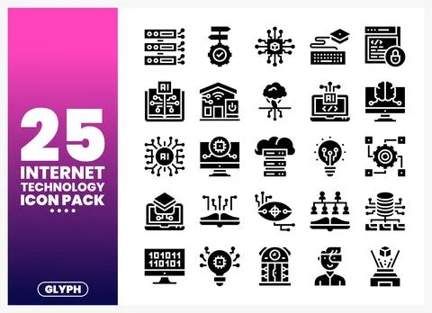 Internet Technology Icon Pack. glyph icons on a white background. Stock Illustration
