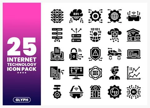 Internet Technology Icon Pack glyph icons set. representing diverse digital.. Stock Illustration