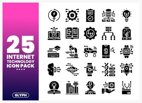 Internet technology icon pack with glyphs representing innovation and digit.. Stock Illustration