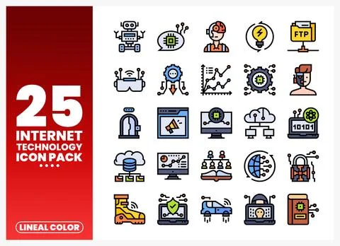 Internet Technology Icon Pack Lineal Color Icons Displayed on White Backgroun Stock Illustration