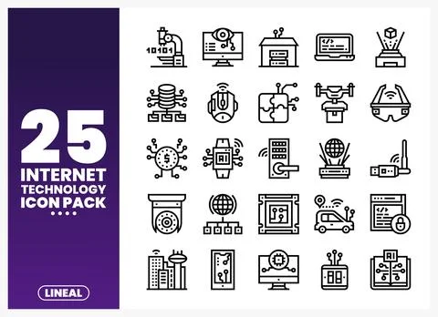 Internet technology icon pack with lineal icons in a white grid on a purple.. Stockillustratie