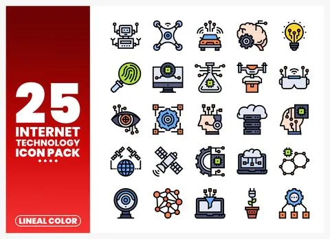 Internet technology icon pack with robots. drones. and brains on white back.. Stock Illustration