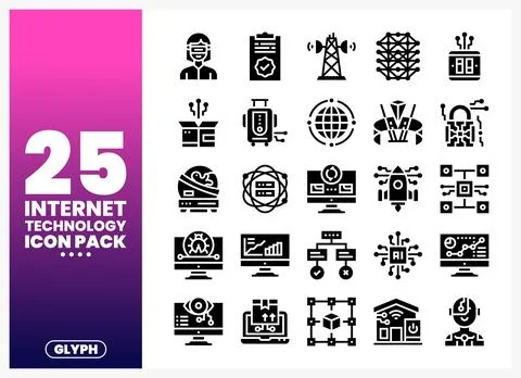 Internet technology icon pack showcasing glyphs in a grid layout with a gra.. 库存插图