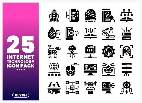 Internet Technology Icon Pack with unique glyphs on a gradient background. 库存插图