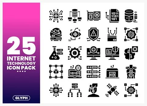 Internet technology icons displayed on a pink-to-purple gradient background.. Illustrazione stock
