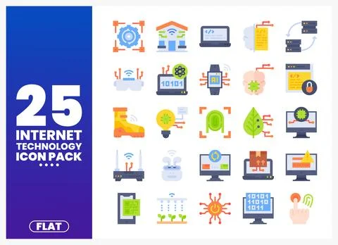 Internet technology icons with gear. smart home. and laptop. Flat design sy.. Stock Illustration