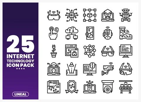 Internet technology icons in a linear style on a purple gradient background. Ilustração Stock