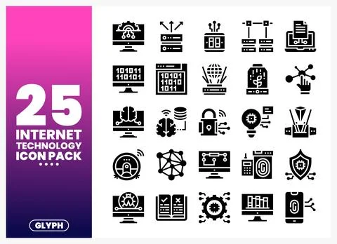 Internet Technology Icons Pack Glyph Set on Gradient Background Stock Illustration