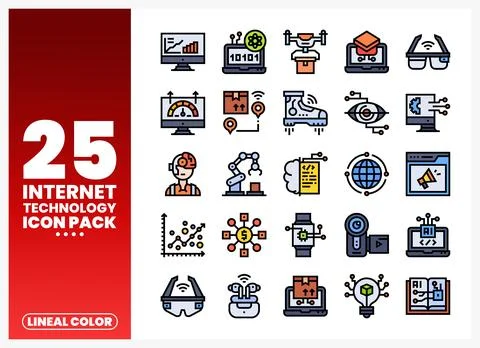 Internet technology icons showcasing analytics. AI. and IoT devices. Divers.. Stock Illustration