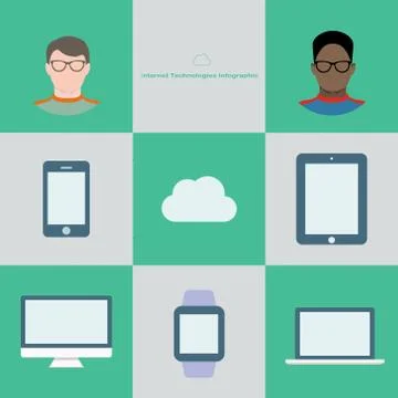 Internet technology infographic in flat style. Two users in glasses and dif.. Stock Illustration
