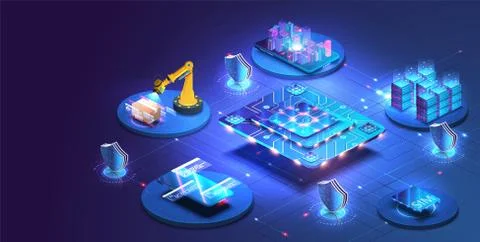 Internet of things abstract blue central processing unit isometric icon in Stock Illustration