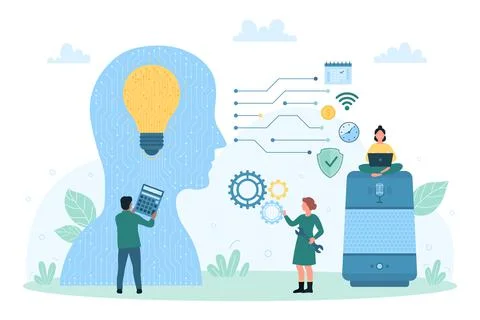 Internet of things, AI and software, tiny people using speakers and voice Stock Illustration