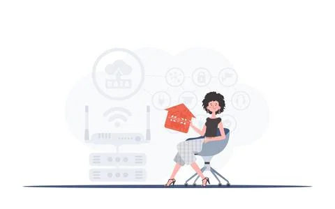 Internet of things and automation concept. The girl sits in a chair and holds イラスト素材