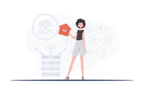 Internet of things and automation concept. The woman is depicted in full grow イラスト素材