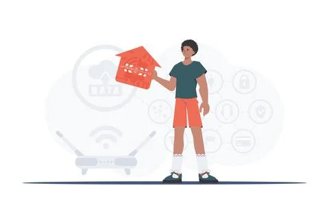 Internet of things and automation concept. The man is depicted in full growth Stock Illustration