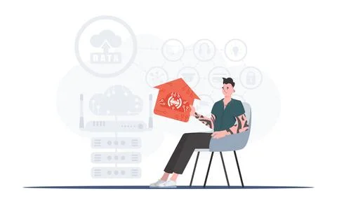 Internet of things and automation concept. A man sits in an armchair and hold Illustrazione stock