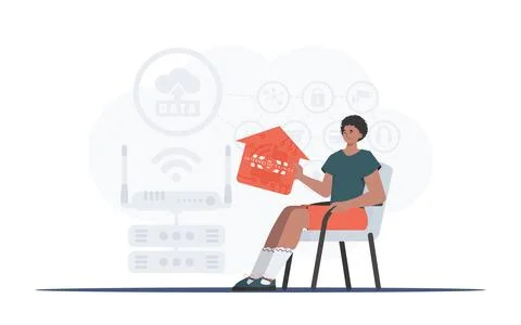 Internet of things and automation concept. A man sits in an armchair and hold Stock Illustration