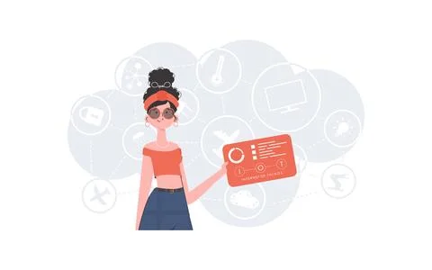 Internet of Things and Automation Concept. A woman holds a panel with analyze Illustrazione stock
