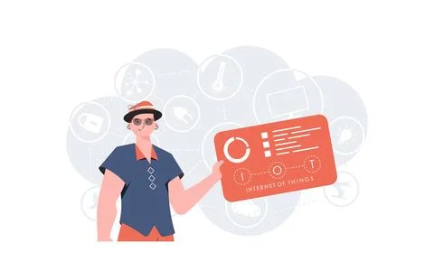 Internet of things and automation concept. A man holds a panel with analyze.. 스톡 일러스트