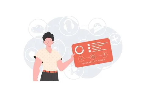 Internet of things and automation concept. A man holds a panel with analyze.. 스톡 일러스트