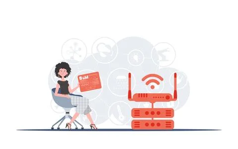 Internet of things and automation concept. A woman sits in a chair and holds  스톡 일러스트