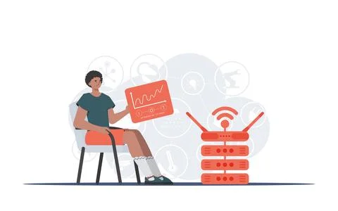 Internet of things and automation concept. A man sits in a chair and holds .. Stock Illustration