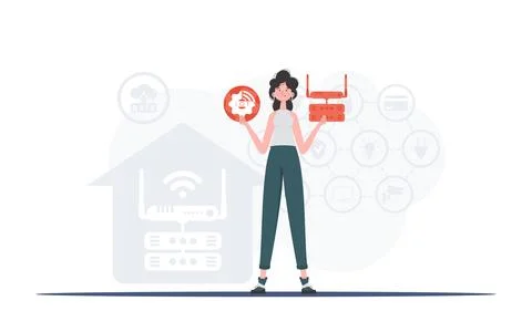 Internet of things and automation concept. A woman is holding an internet thi Stock Illustration