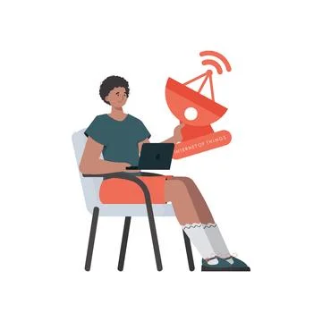Internet of things and automation concept. The guy is holding a satellite dis Stock Illustration